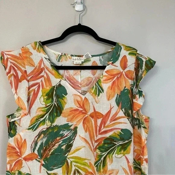 Nicole Miller Women's 100% Linen Tropical Print Flutter Sleeve Dress Sz L GUC - Picture 3 of 6